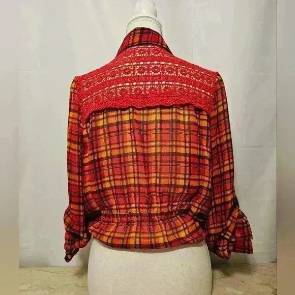 Excuse Me Miss Juniors Orange/Gold/Maroon/Black Plaid Polyester Blouse Large - Picture 5 of 9